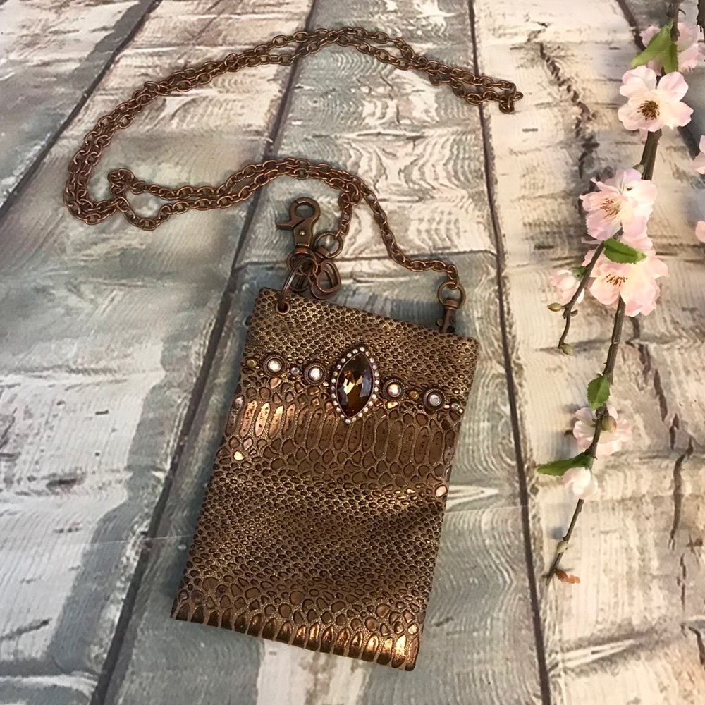 Bronze Tone Metallic Evening Bag Faux Leather Cheetah Print Formal Jeweled Purse